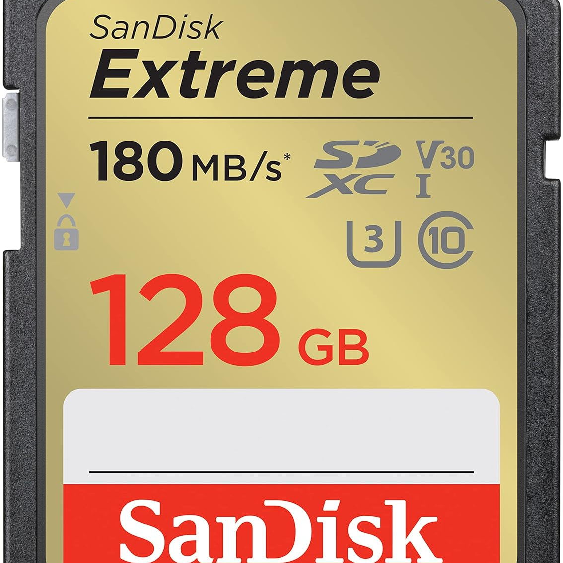 A SanDisk Extreme SD UHS-I 128GB memory card with a label displaying its capacity, speed, and performance details.