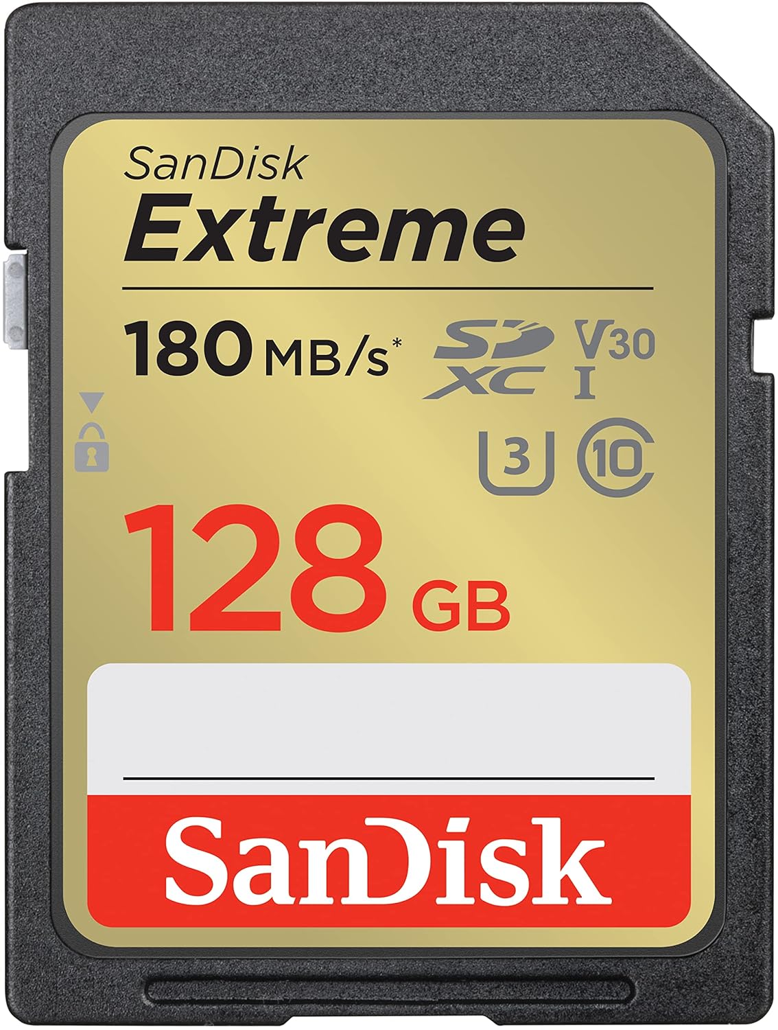 A SanDisk Extreme SD UHS-I 128GB memory card with a label displaying its capacity, speed, and performance details.