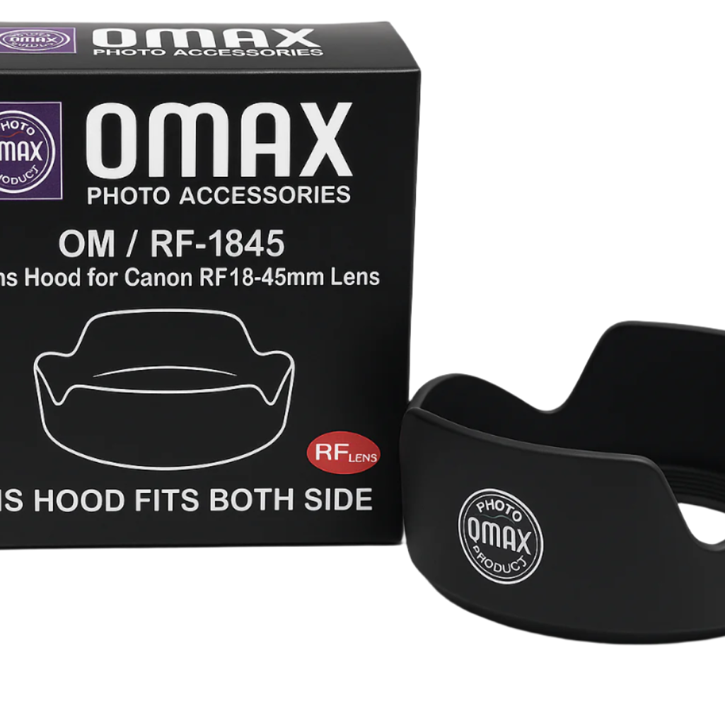 Omax lens hood packaging with black lens hood on a white background