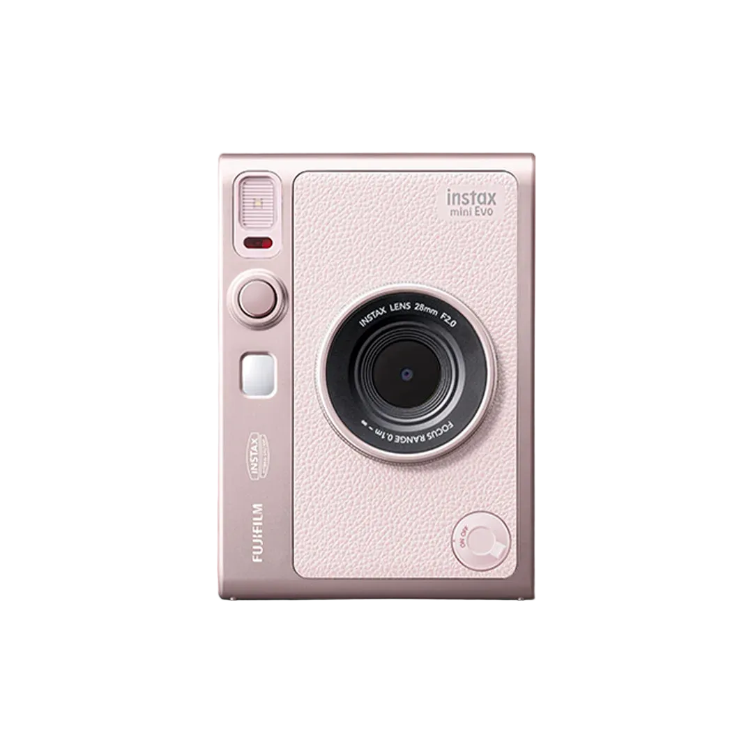 White instant camera with 'instax' branding on a pink background