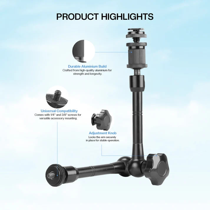 Product highlights diagram of a black aluminum mounting pole with text callouts for durable aluminum build, universal compatibility, and an adjustment knob, set against a light blue sky background.