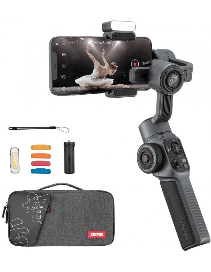 Zhiyun Smooth 5 Combo Smartphone Gimbal Stabilizer 3-Axis Handheld Gimbal with Grip Tripod, LED Fill Light for Vlog, iPhone, Android - The Camerashop