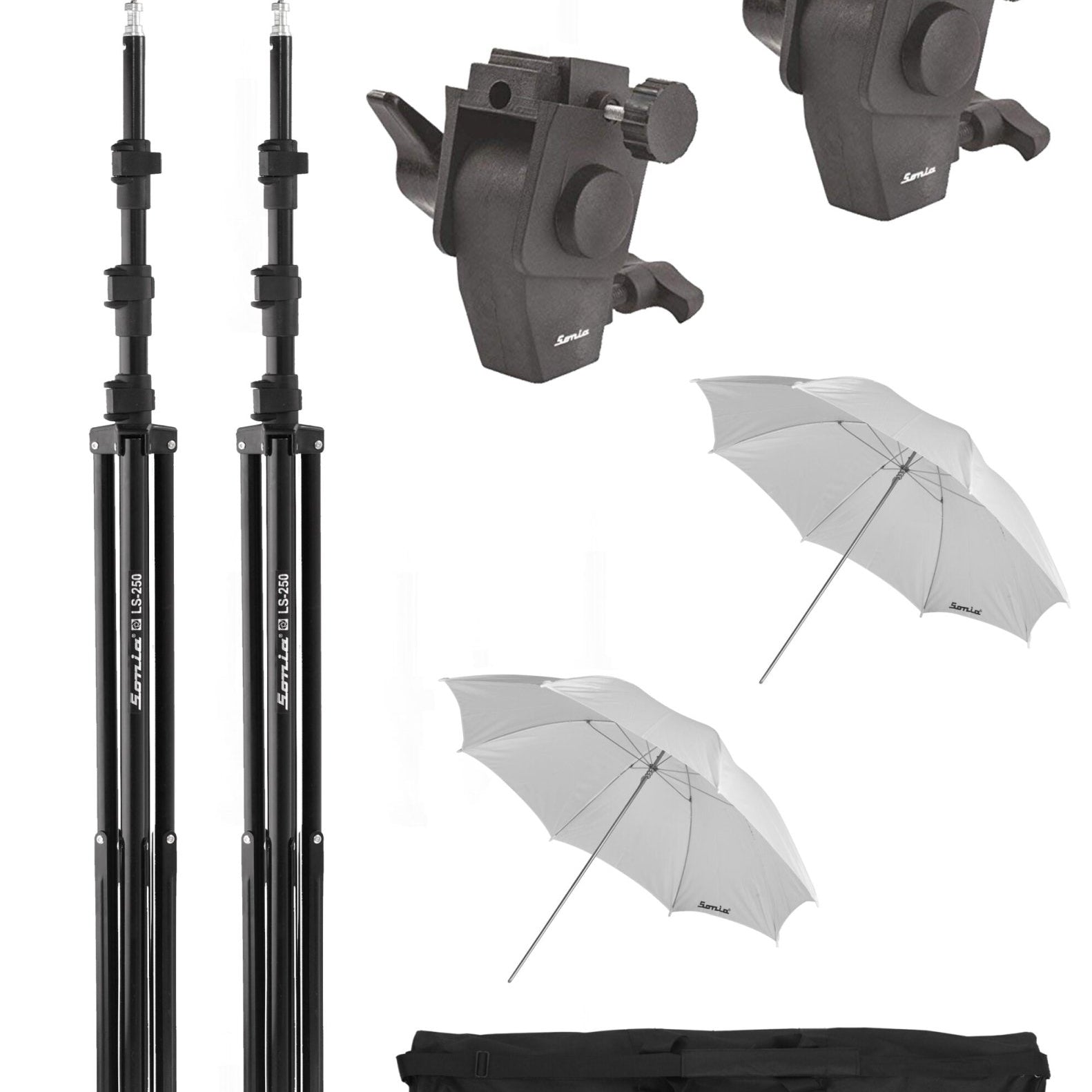 Sonia LS-250 light stand with sungun adapter and white umbrella set of 2 Pcs with stand bag - The Camerashop