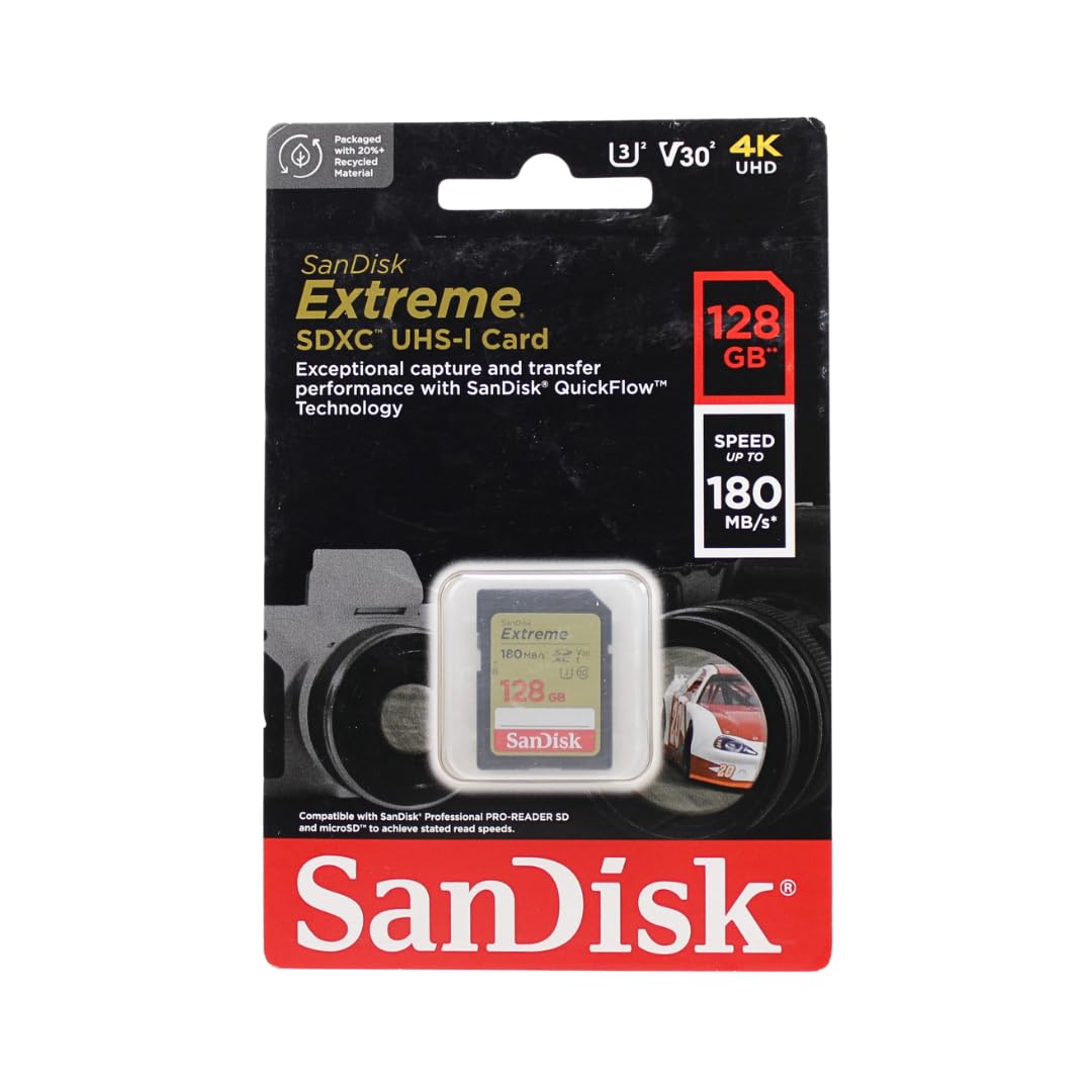 SanDisk Extreme SDXC UHS-I memory card packaging with specifications on a white background