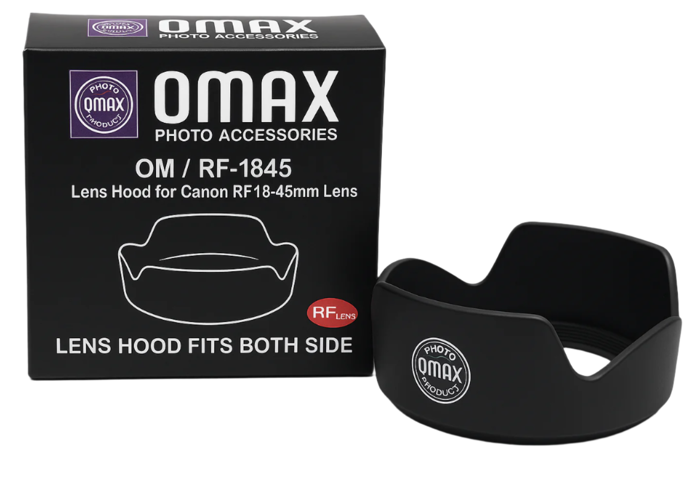 Omax lens hood packaging with black lens hood on a white background