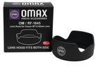 Omax lens hood packaging with black lens hood on a white background
