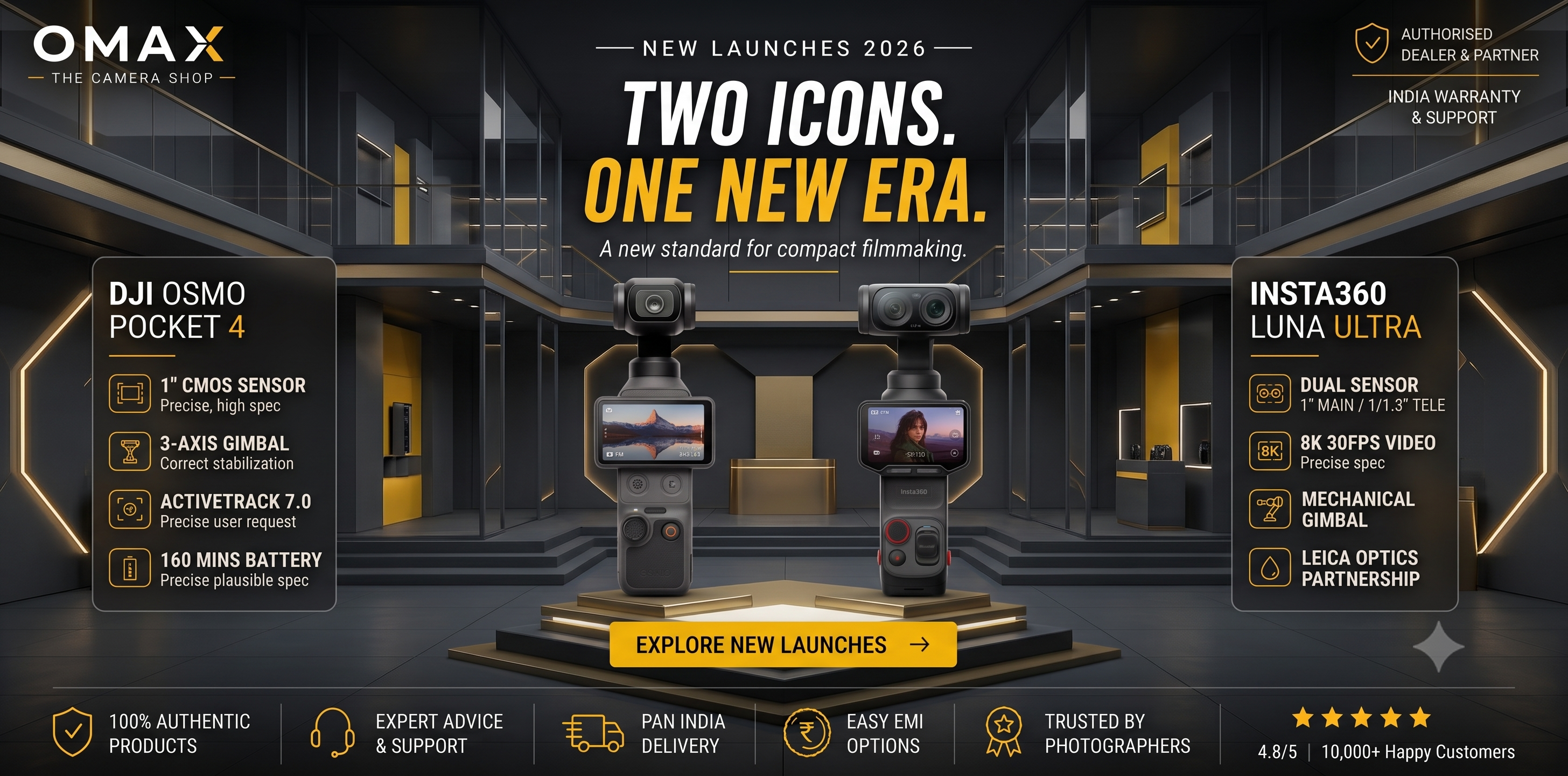 Promotional banner for OMAX DJI OSMO Pocket 4 and Insta360 Luna Ultra cameras, featuring product renderings in a dark futuristic studio setting with text callouts and feature highlights.