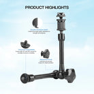 Product highlights diagram of a black aluminum mounting pole with text callouts for durable aluminum build, universal compatibility, and an adjustment knob, set against a light blue sky background.