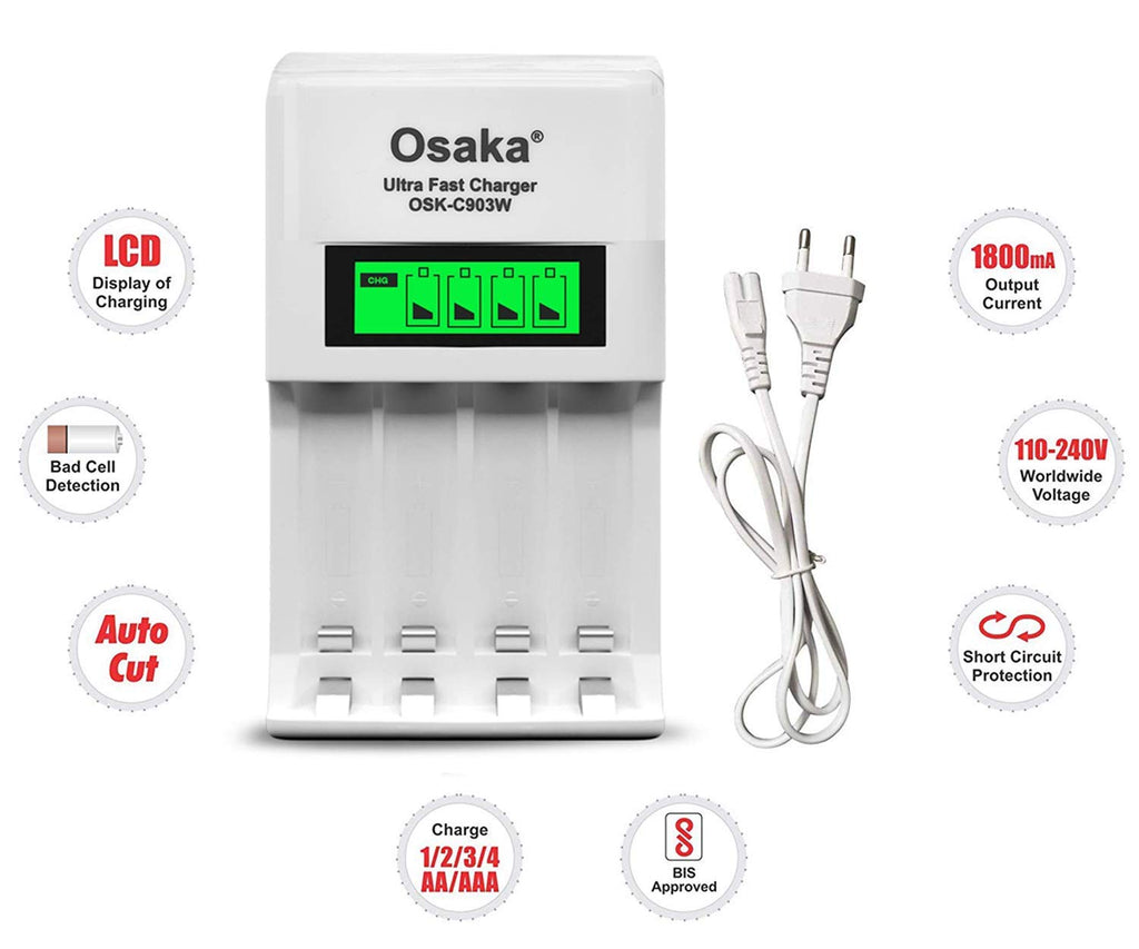 Osaka Ultra Fast Charger OSK-C903W LCD Charger for AA and AAA Ni-mh Rechargeable Batteries (White) - The Camerashop