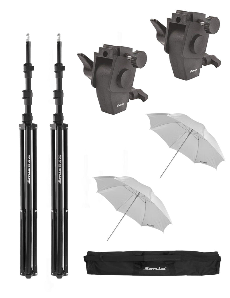 Sonia LS-250 light stand with sungun adapter and white umbrella set of 2 Pcs with stand bag - The Camerashop